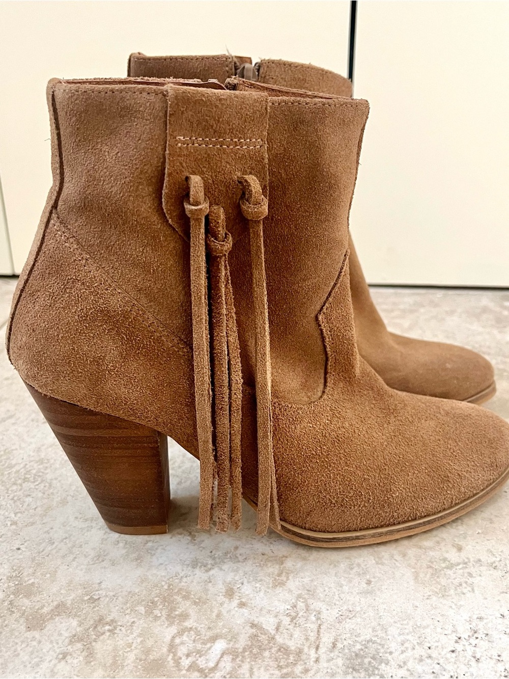 Brown Suede Fringe Ankle Boots Block Heel Western Boho Festival Size 7